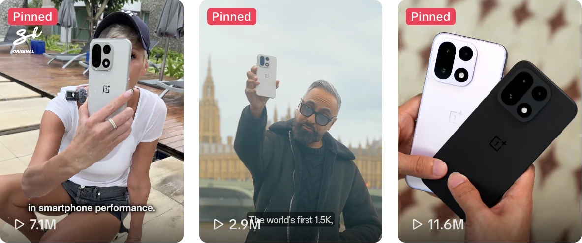 Three pinned OnePlus TikTok creator videos with 7.1M, 2.9M and 11.6M views