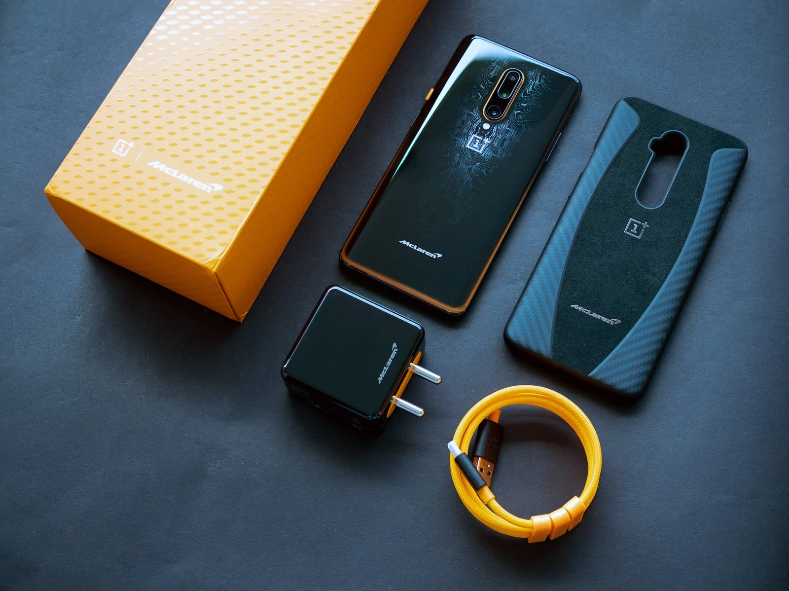 OnePlus 7T Pro McLaren Edition with papaya box, case, charger and cable