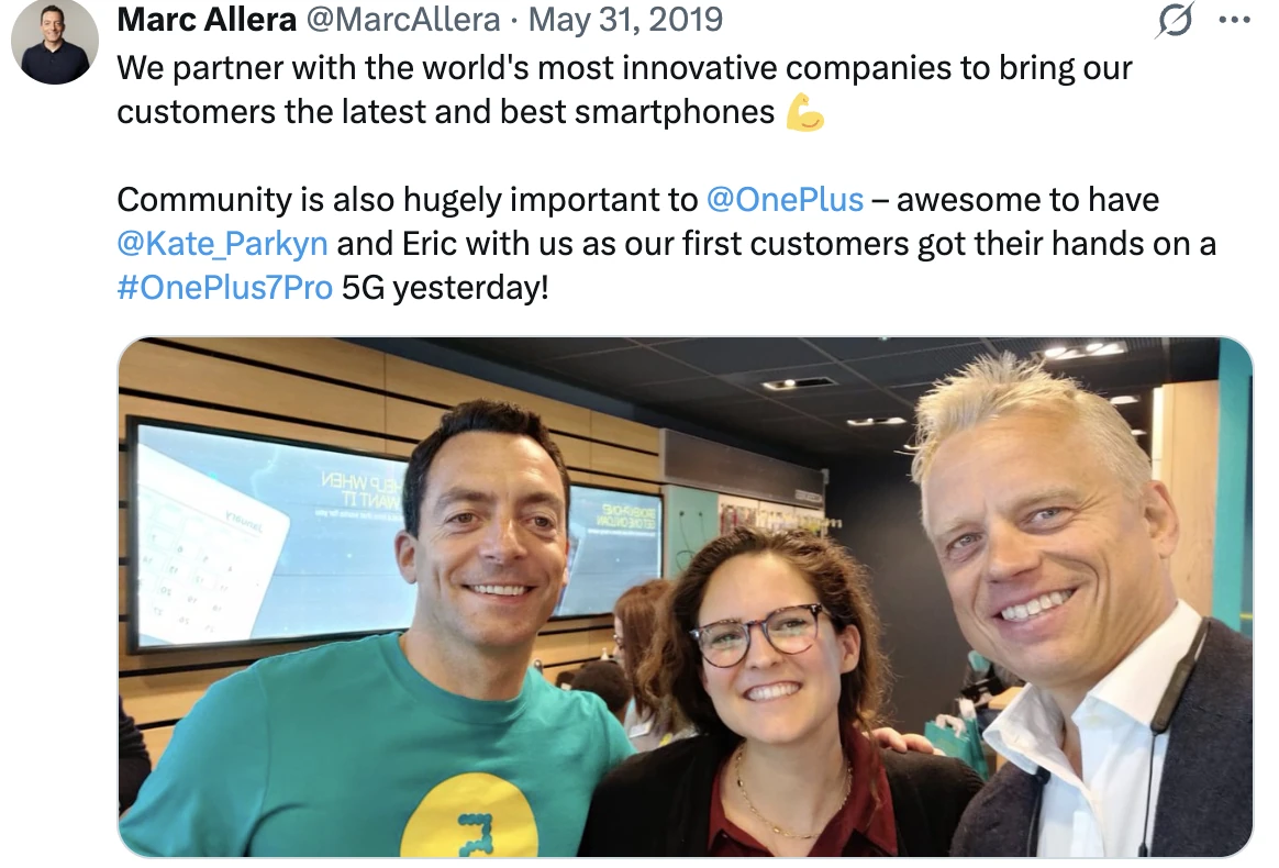 Tweet from EE CEO Marc Allera with Kate at the first OnePlus 7 Pro 5G sales