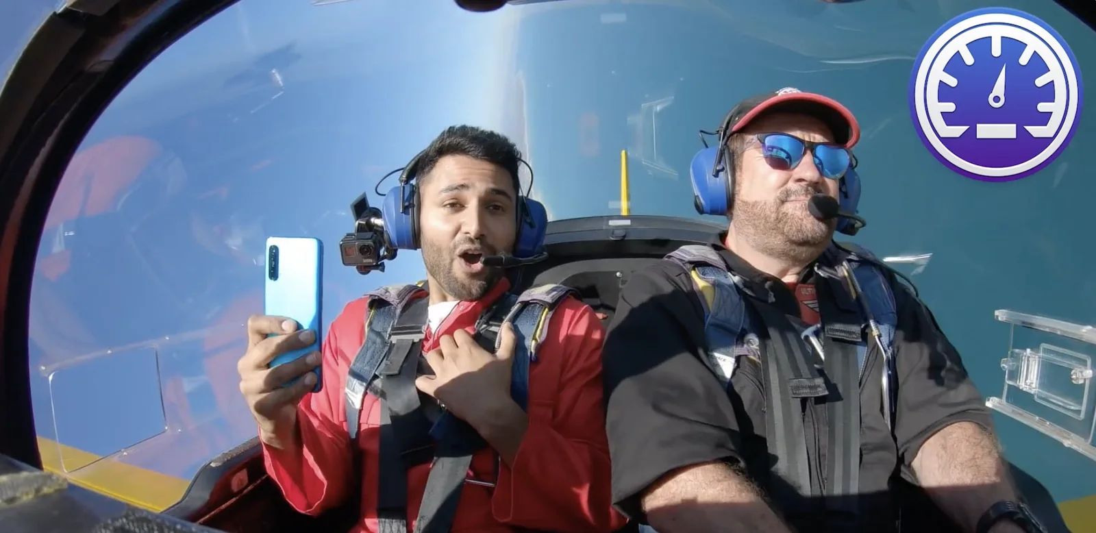 Tech YouTuber Mrwhosetheboss testing a OnePlus Nord in a stunt plane