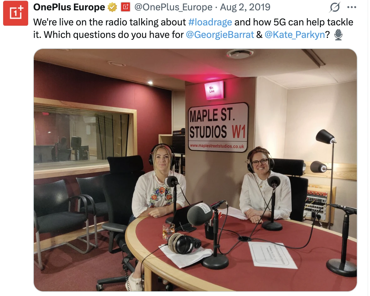 OnePlus Europe tweet: Kate and Georgie Barrat live on the radio talking about 5G