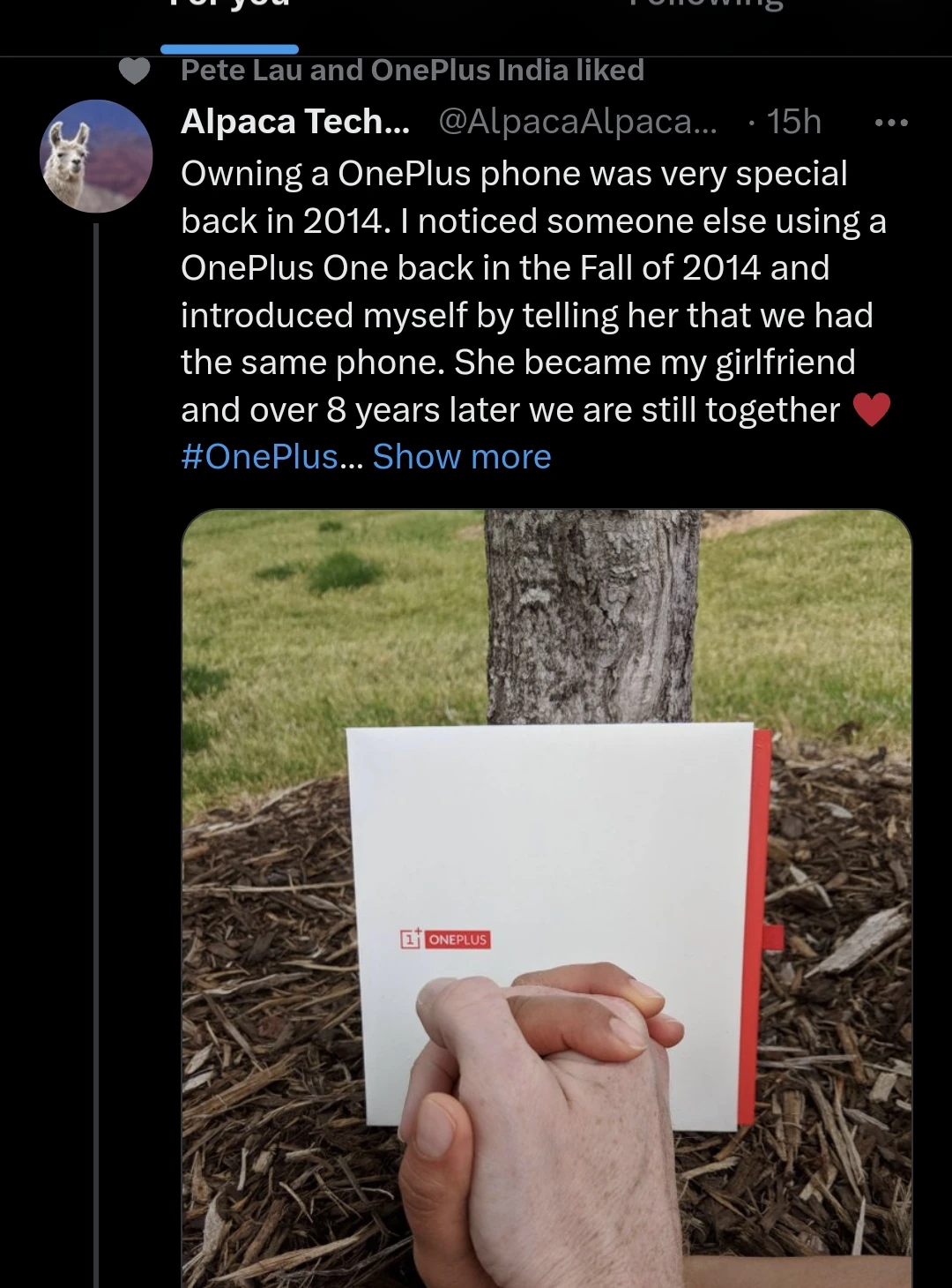 A fan tweet: met his girlfriend because they had the same OnePlus One